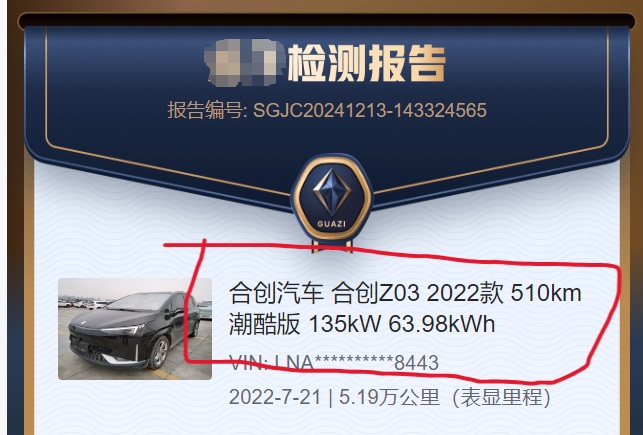商家提供的第三方检测报告中车型已与展示车型不同。消费者供图