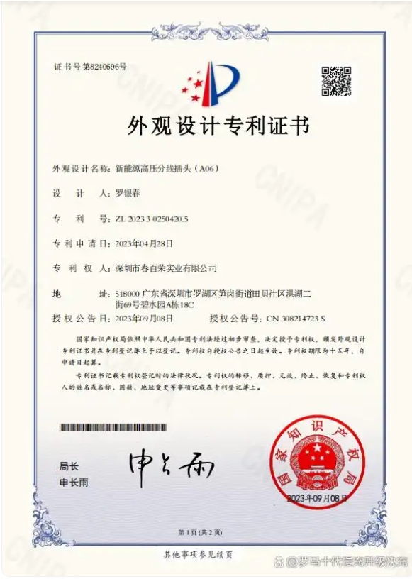 罗玛三电取得的专利证书。资料图片